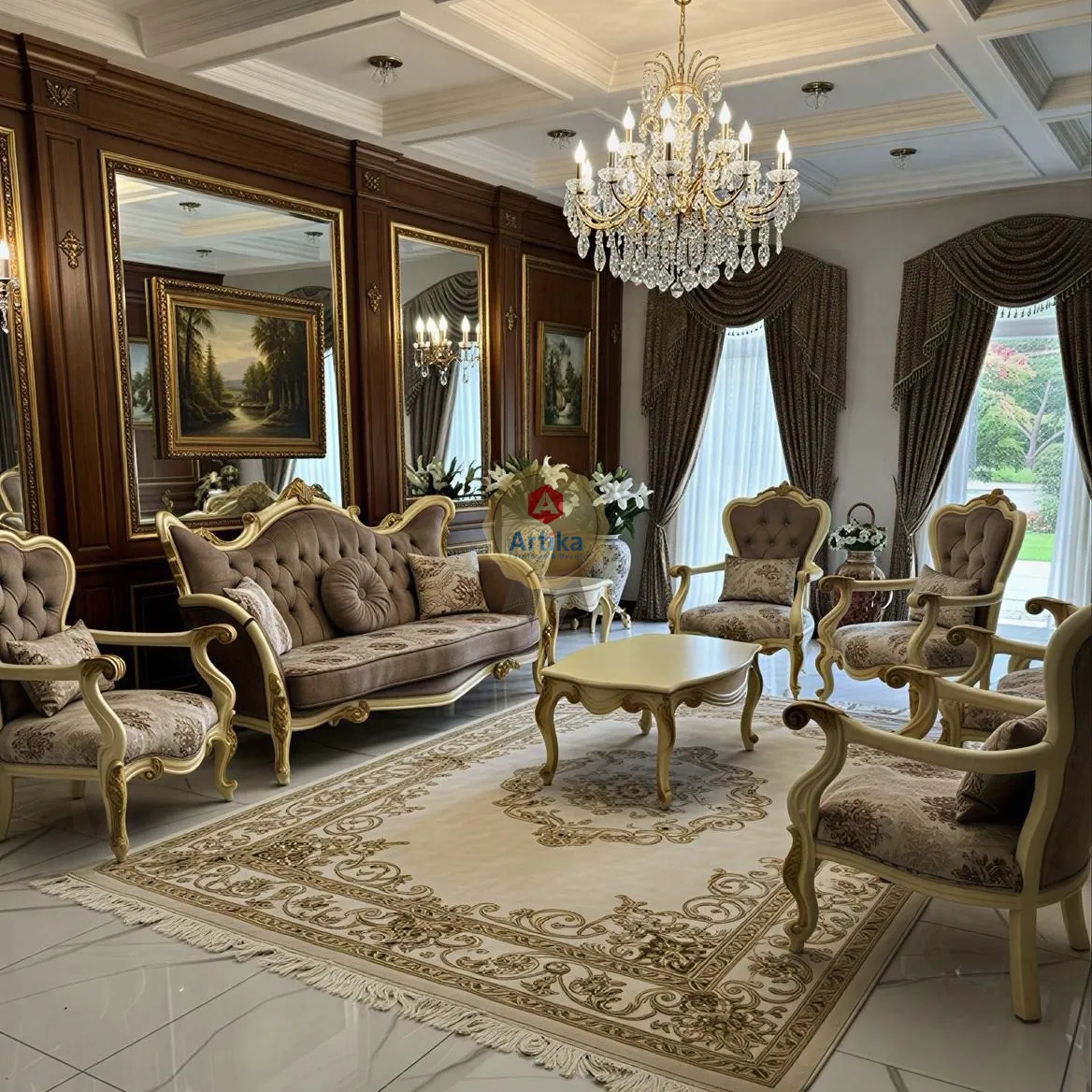 طقم كنب بإطارات ذهبية وتنجيد كابيتونيه