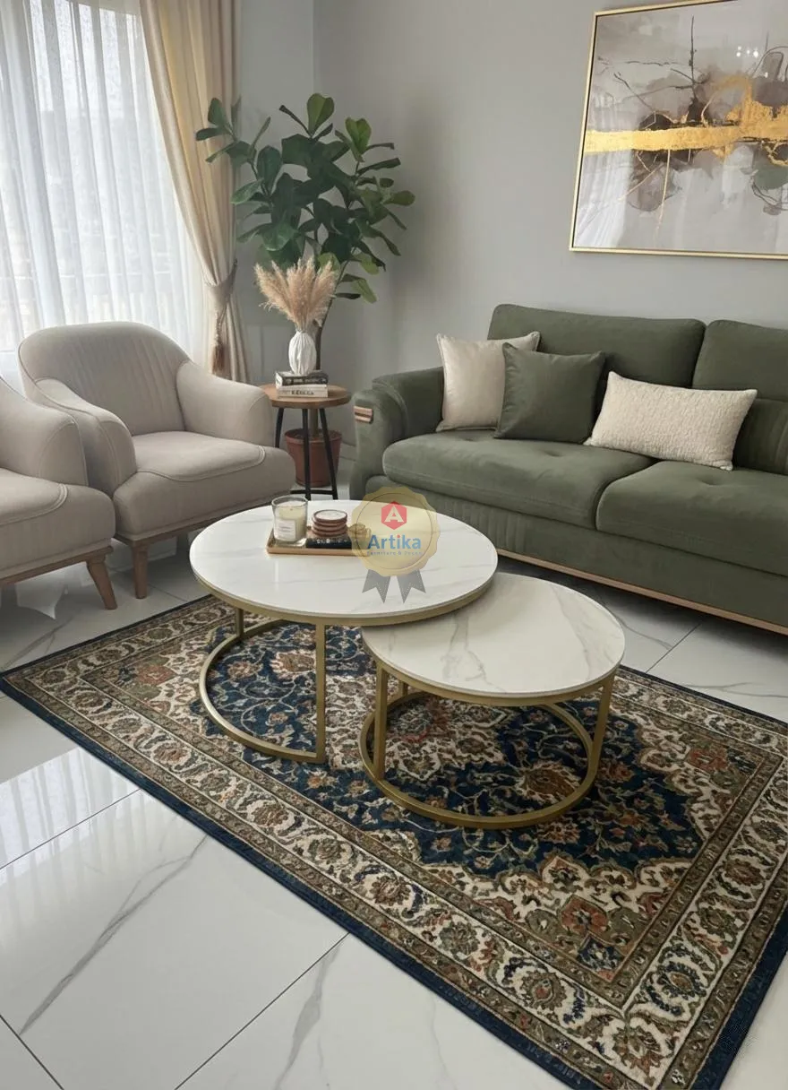 طقم طاولات رخامية متداخلة بقواعد ذهبية حلقية