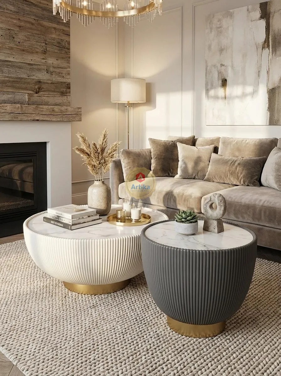 طقم طاولات ضيافة أسطوانية بتصميم مضلع وقواعد ذهبية