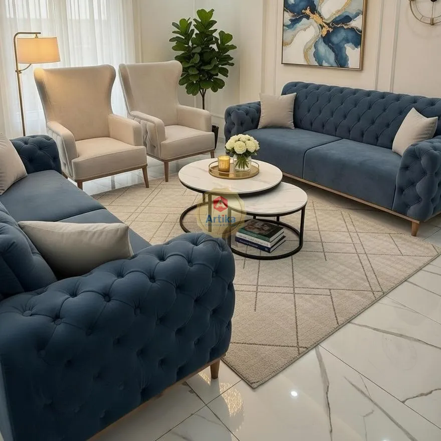 طقم كنب "رويال بلو" بنمط تشسترفيلد المطور