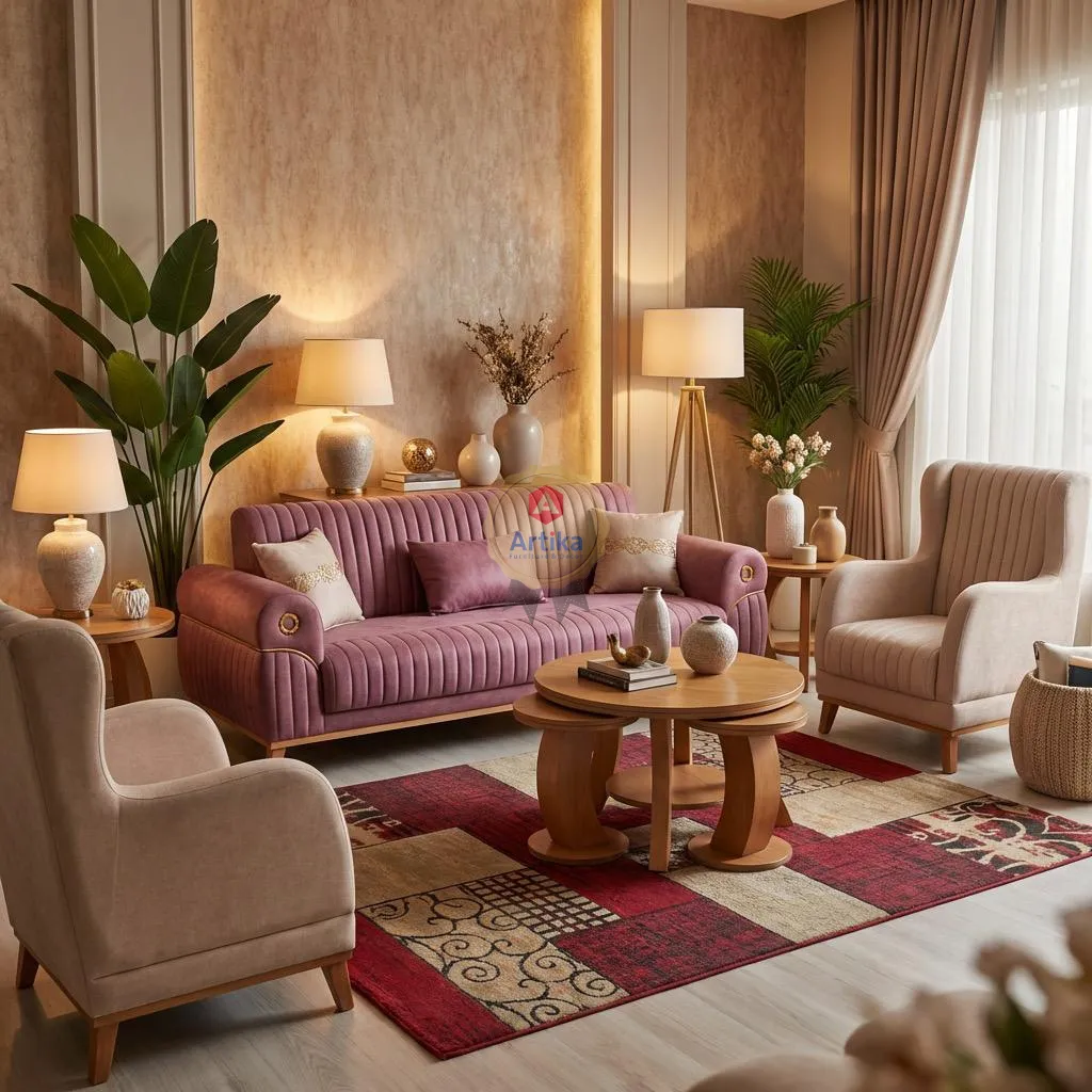 طقم كنب "أرجوان" المودرن بتفاصيل مضلعة ولمسات ذهبية