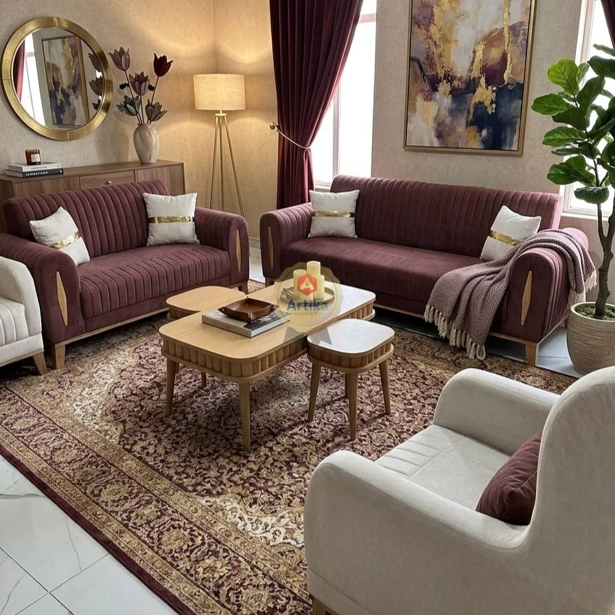 طقم كنب مودرن بلون برغندي مضلع وقواعد خشبية