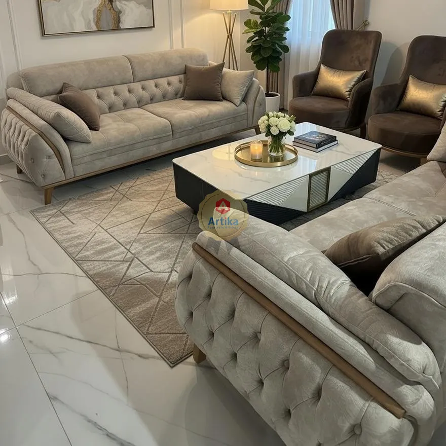 طقم كنب "مودرن لوكس" بتفاصيل خشبية ومنحنيات كابيتونيه