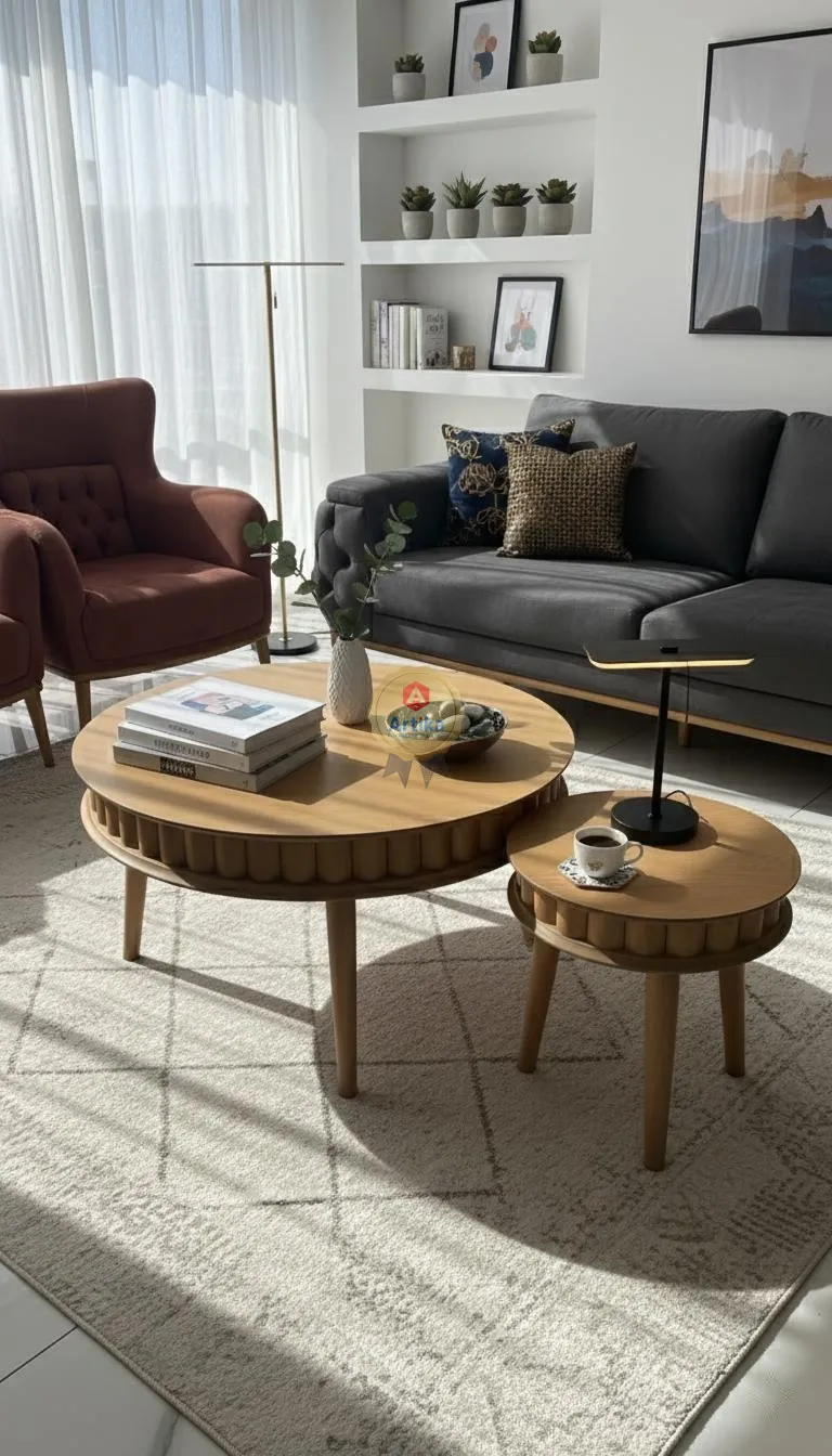 طقم طاولات ضيافة خشبية بتصميم أسطواني مضلع (Tambour)