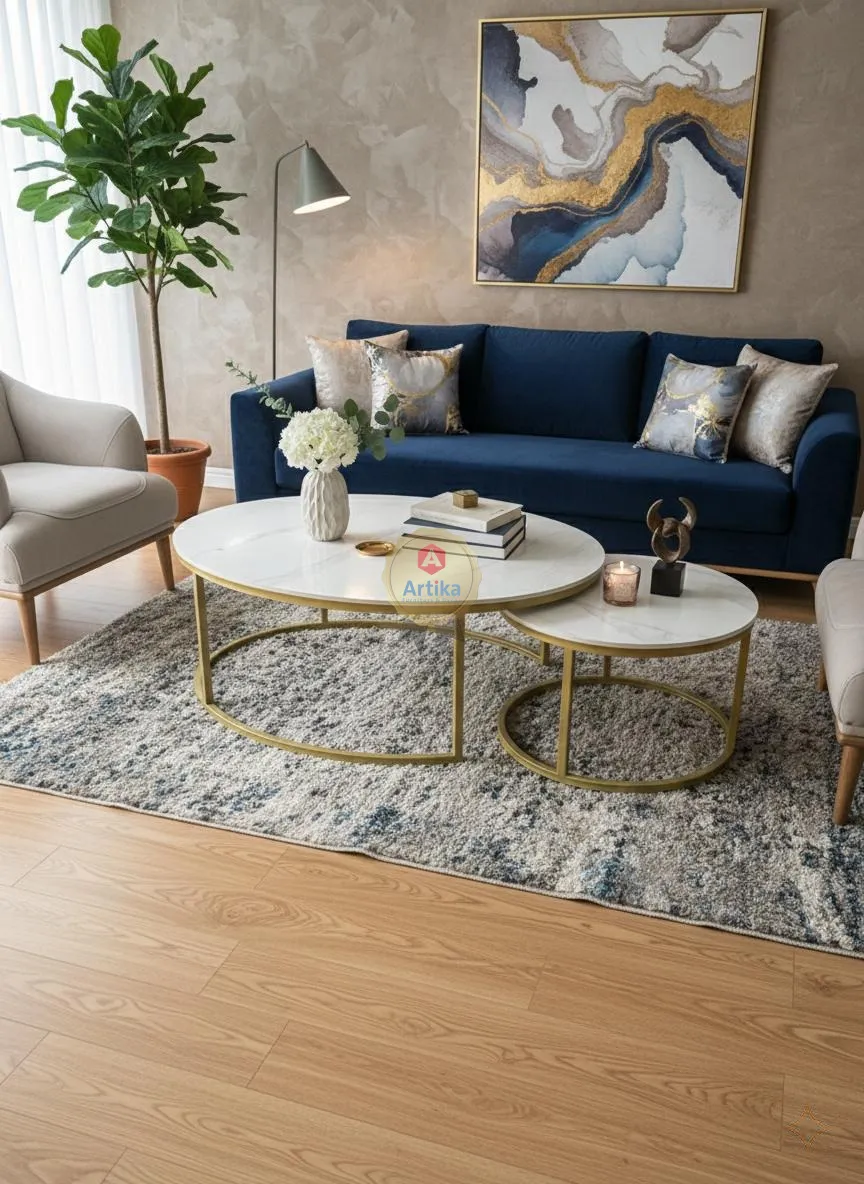 طقم طاولات ضيافة بيضاوية متداخلة بإطارات ذهبية نحيفة